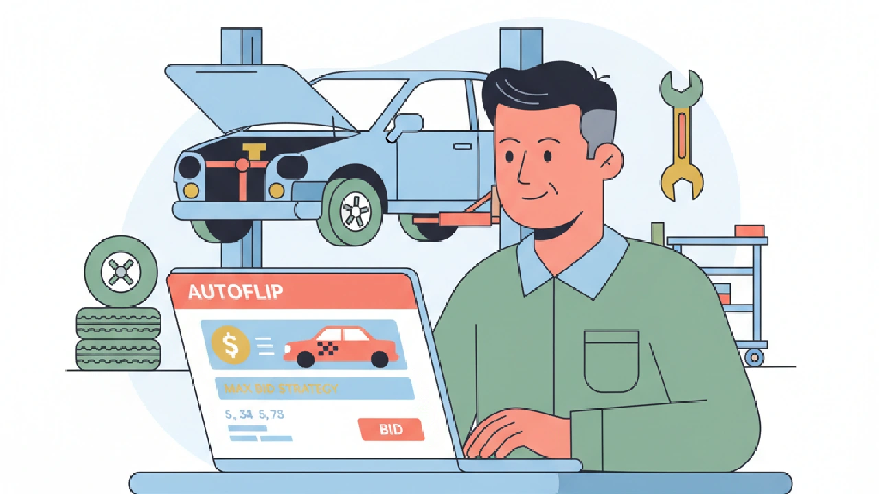 Flat vector illustration: A car in front of a computer screen displaying charts, symbolizing auto auction analysis.