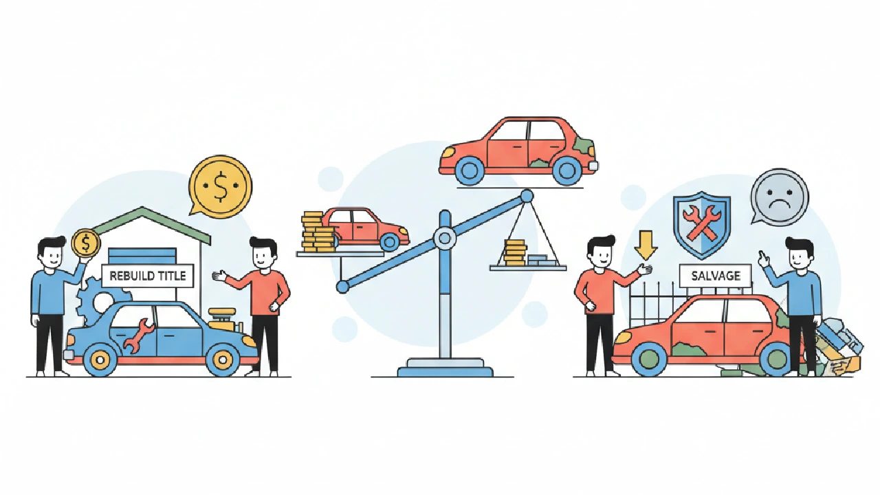 Flat vector illustration about Rebuild vs Salvage Title: What Actually Changes Resale for salvage auction flippers