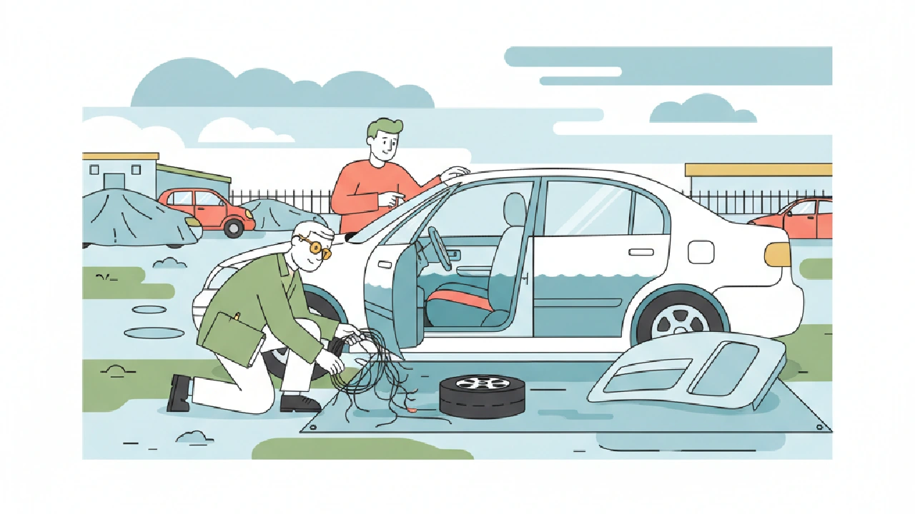 Flat vector illustration about Is Flood Damage Car Repairable? Auction Checklist Before You Bid for salvage auction flippers