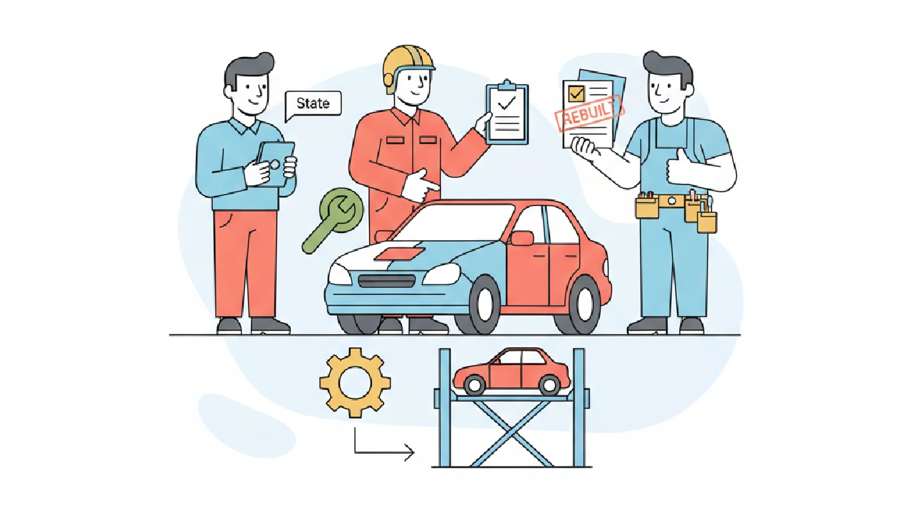 Flat vector illustration about Rebuilt Title Inspection by State: The Flipper's Hub for salvage auction flippers