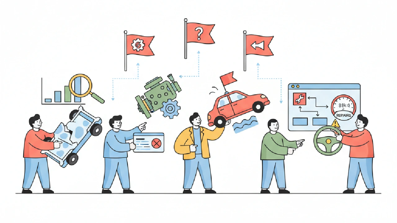 Illustrative blog cover: Magnifying glass over car title document, 5 red flags on clipboard, wrench & hammer nearby.