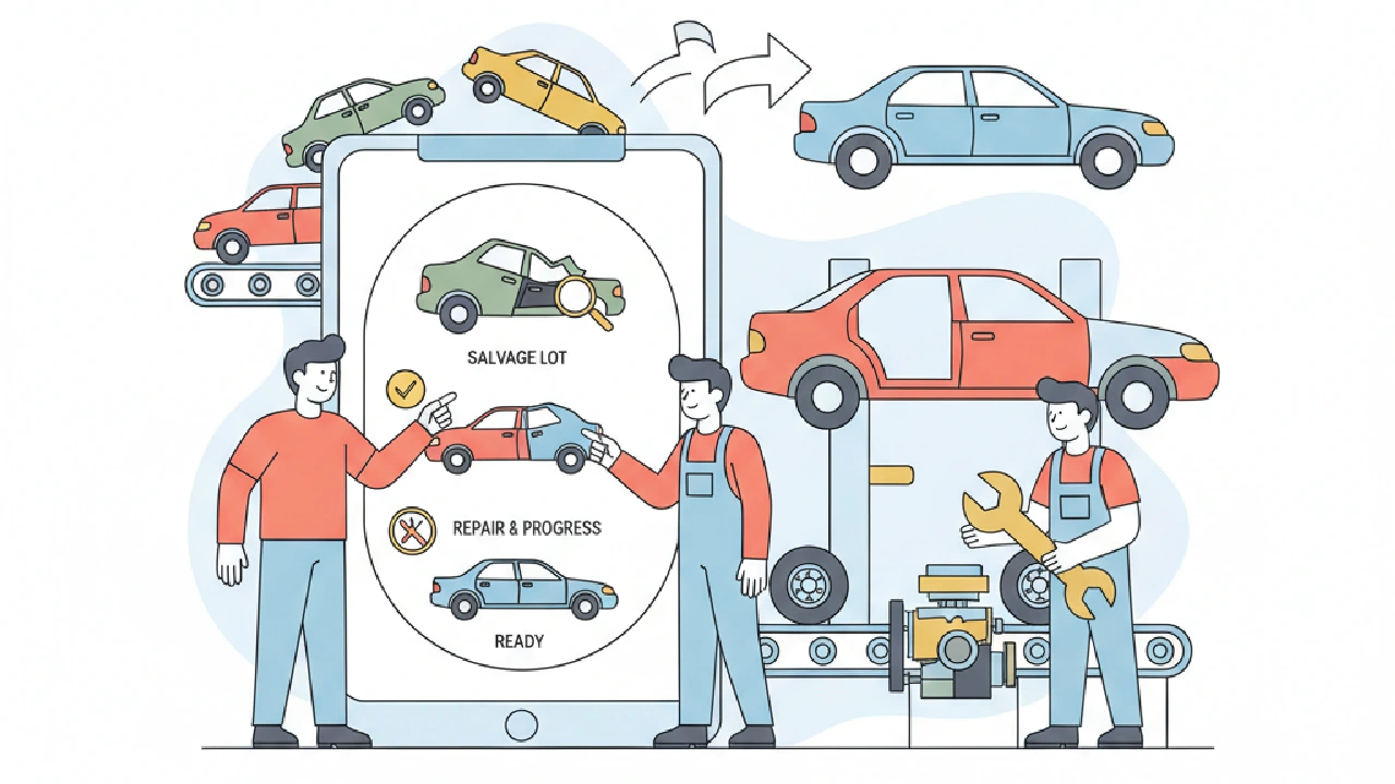 A flat vector illustration depicts a mechanic in a garage, using a tablet to track salvaged cars.