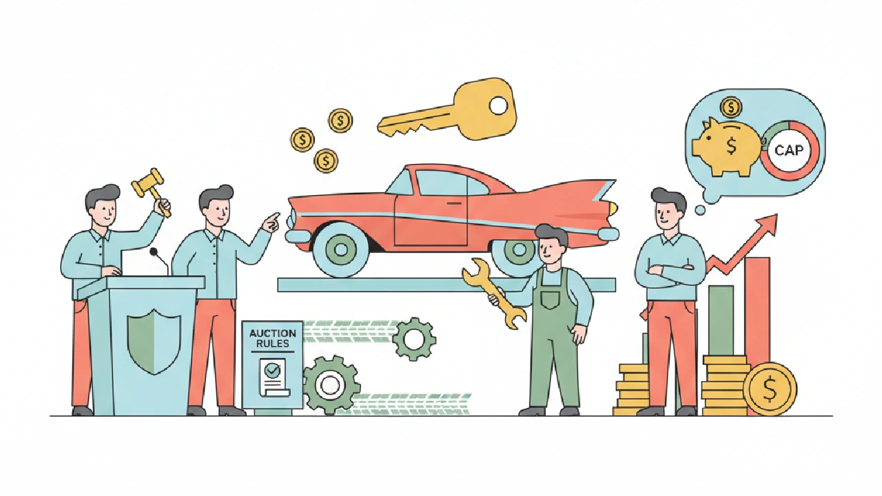 Flat vector illustration about Car Flipping Business: Auction Rules, License & Cap for salvage auction flippers