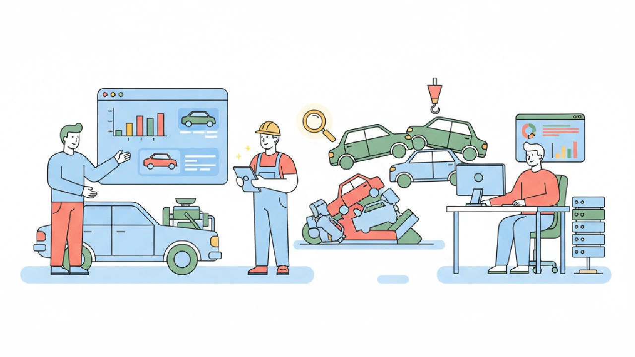 A flat vector illustration shows a mechanic using analysis software on a tablet and a damaged car, surrounded by car parts.