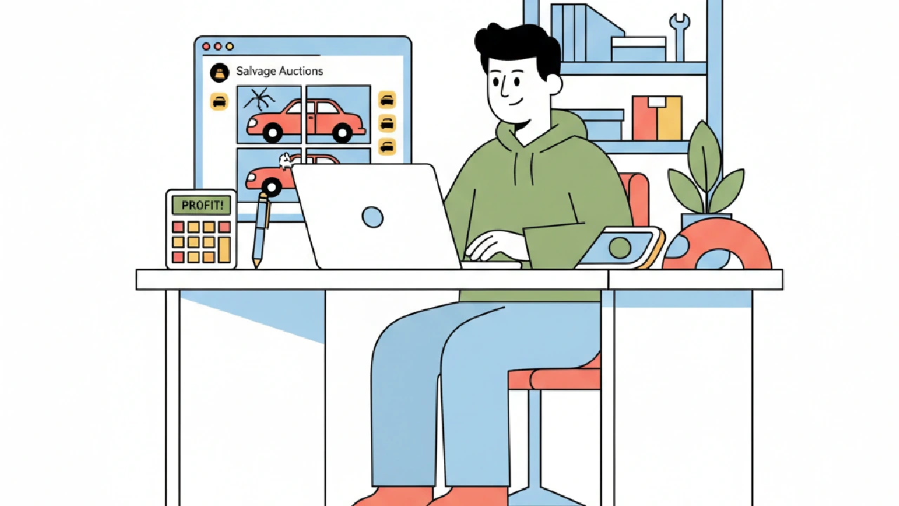 A flat vector illustration shows a mechanic in an auto body shop, analyzing a salvaged car, with graphs and charts floating a