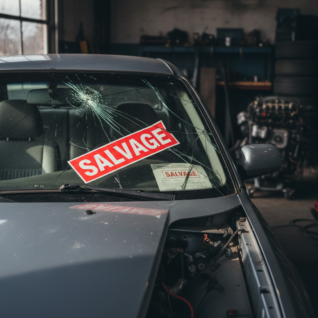 Vector illustration: A car sits on a pile of money, a red brand "SALVAGE" stamp on its hood.