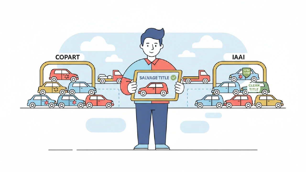 An illustration comparing Copart and IAAI depicts two distinct auction scenarios with cars, buildings, and bidders.
