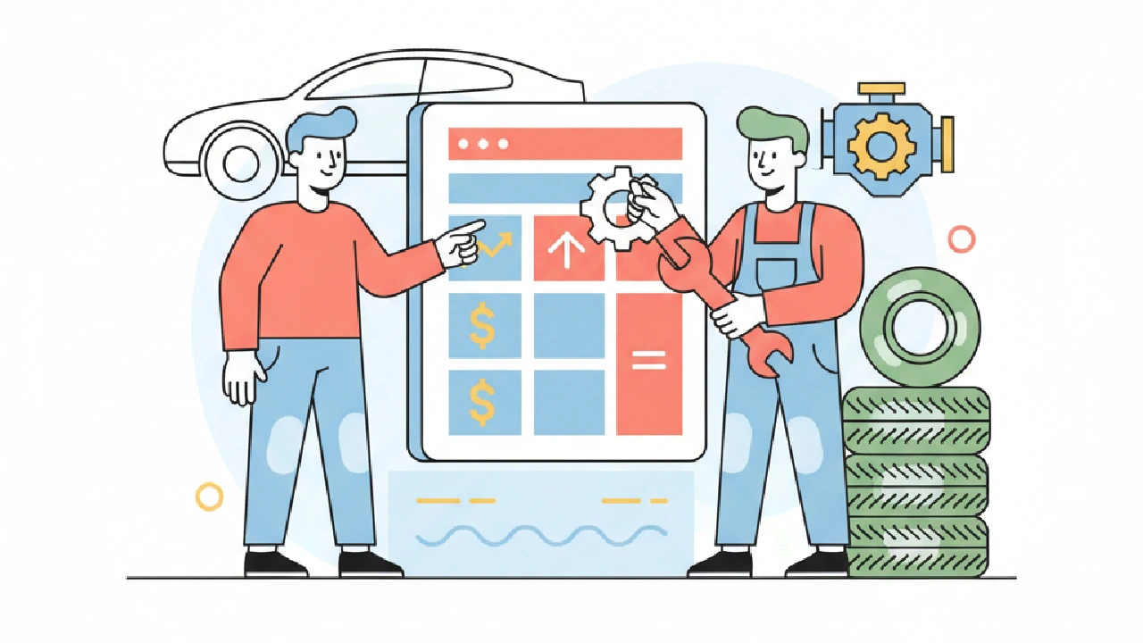 Stylized mechanic with tablet, standing by a tow truck and car at a salvage auction, illustrating calculating profits.