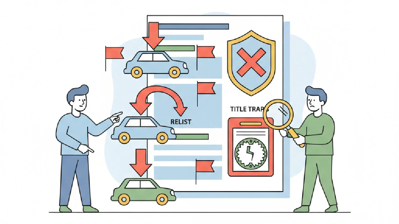 Illustration shows a broken car on a flatbed tow truck, with money bags and a red trapdoor, suggesting sales and fraud.