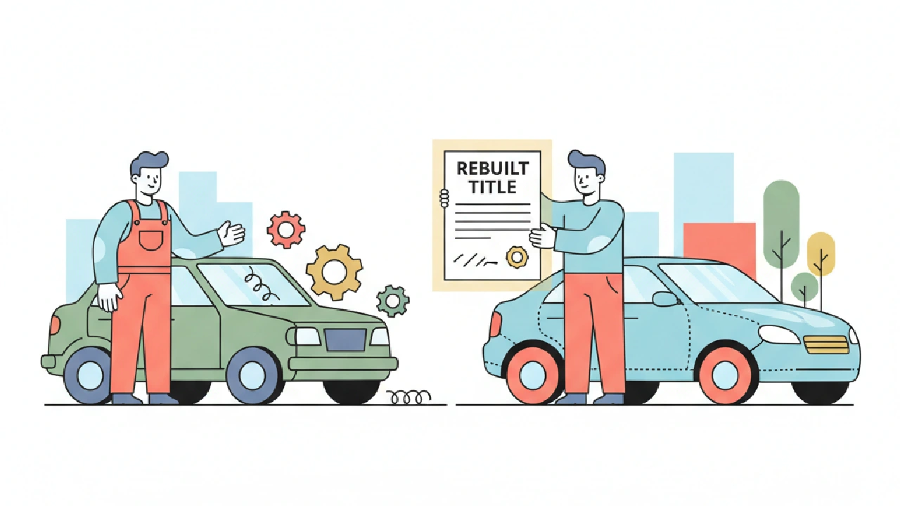 Flat vector illustration about What Is a Rebuilt Title? Buyer’s Guide from the Yard for salvage auction flippers