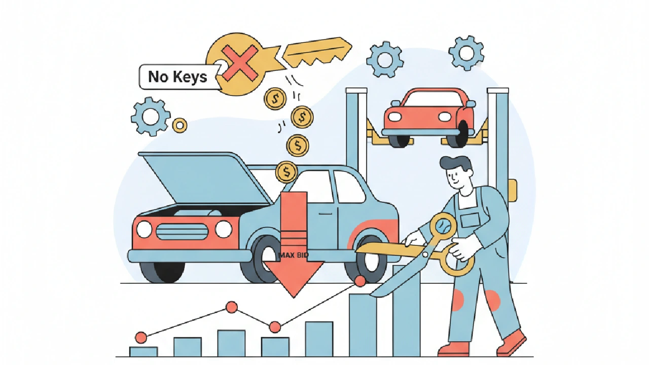 Mechanic cutting a max bid chart beside a car labeled No Keys with a crossed out key