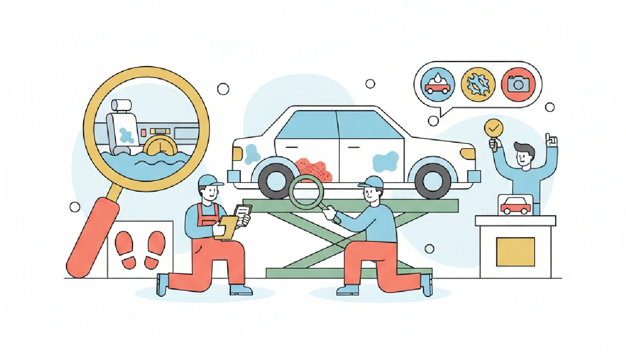 Flat vector illustration about How can you tell if a car has flood damage: auction photo checklist for salvage auction flippe