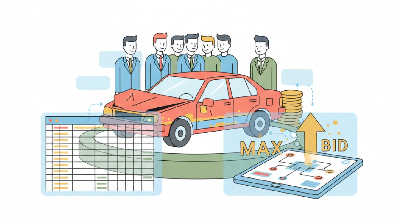 A robot and a person, each with a laptop, race to bid on a wrecked car at a salvage auction, illustrating a "Salvage Flip Pro
