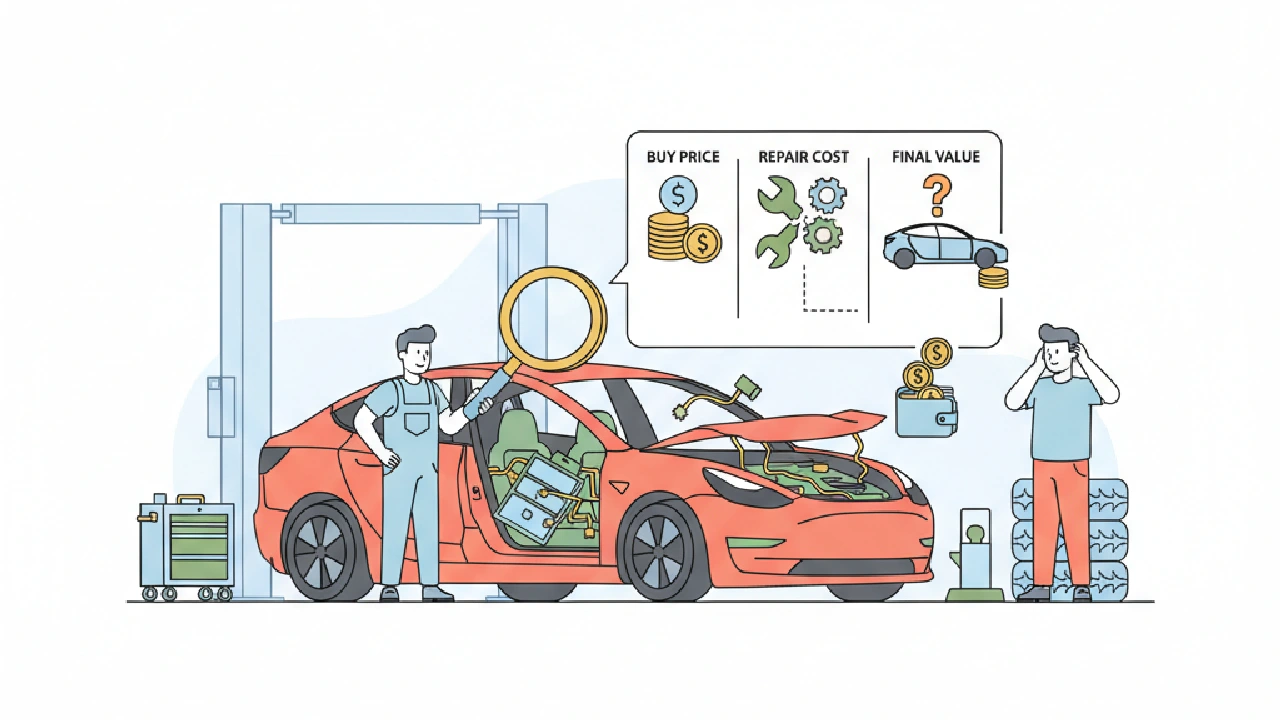 Flat vector illustration about Is Buying a Salvage Tesla Worth It? Real Cost Breakdown for salvage auction flippers