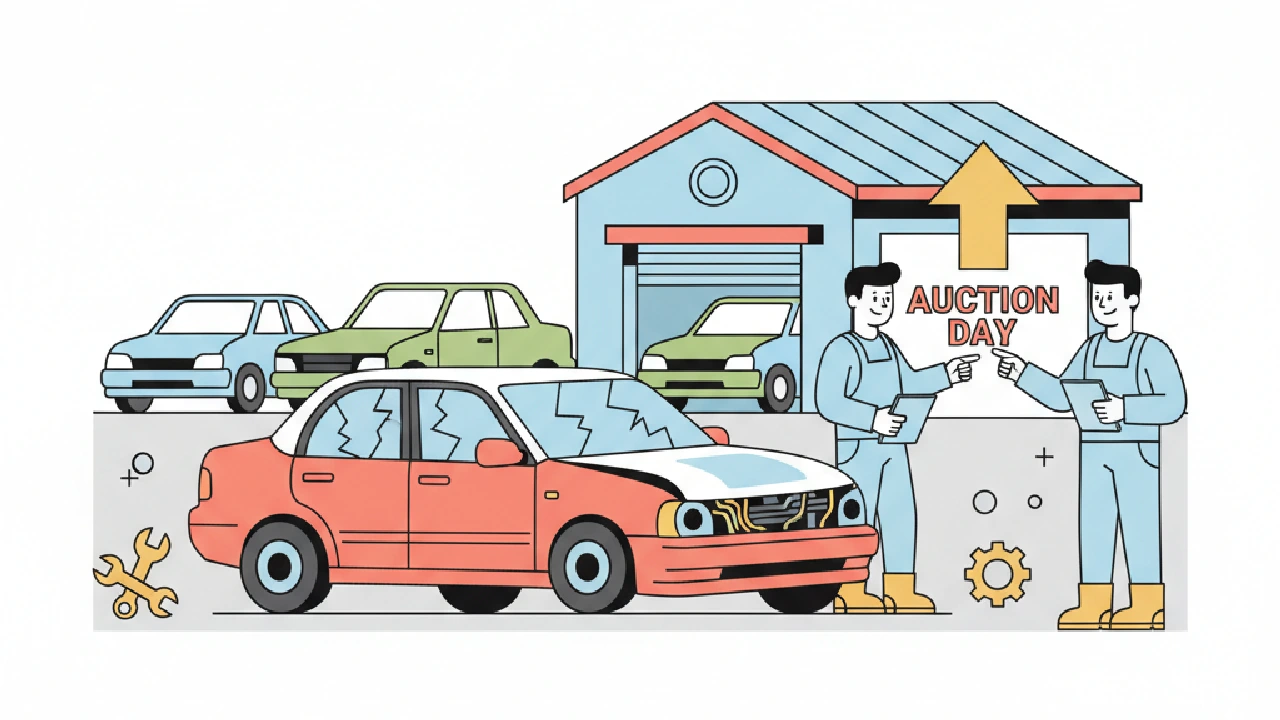 Cartoon car parts, stacks of cash, and a gavel arranged to imply a salvage car auction and profitable flipping.