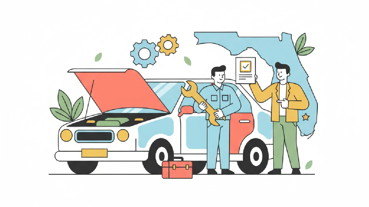 Flat vector illustration about Does Florida Require Inspection for Rebuilt Title? What Flippers Need to Know for salvage auct