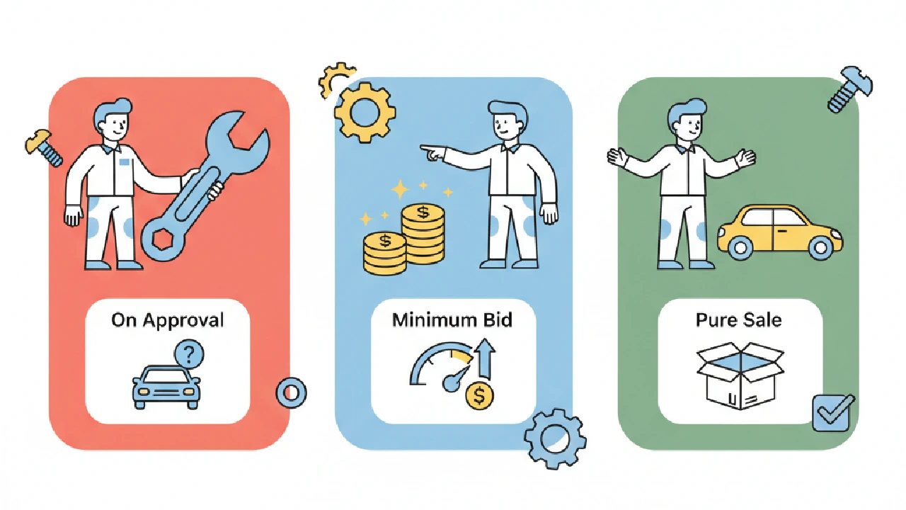 Three panels illustrating Copart On Approval, Minimum Bid and Pure Sale statuses