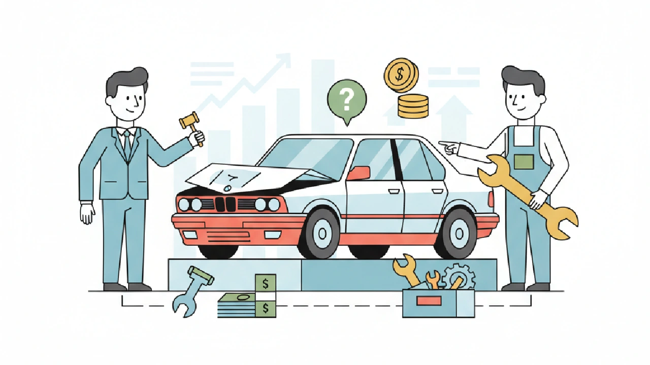 Flat vector illustration about Salvage BMW Flip Hidden Costs — Auction-Day Brief for salvage auction flippers