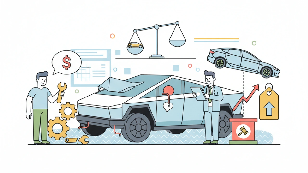 Flat vector illustration about Totaled Tesla: Rebuild Cost vs Resale — Auction Playbook for salvage auction flippers
