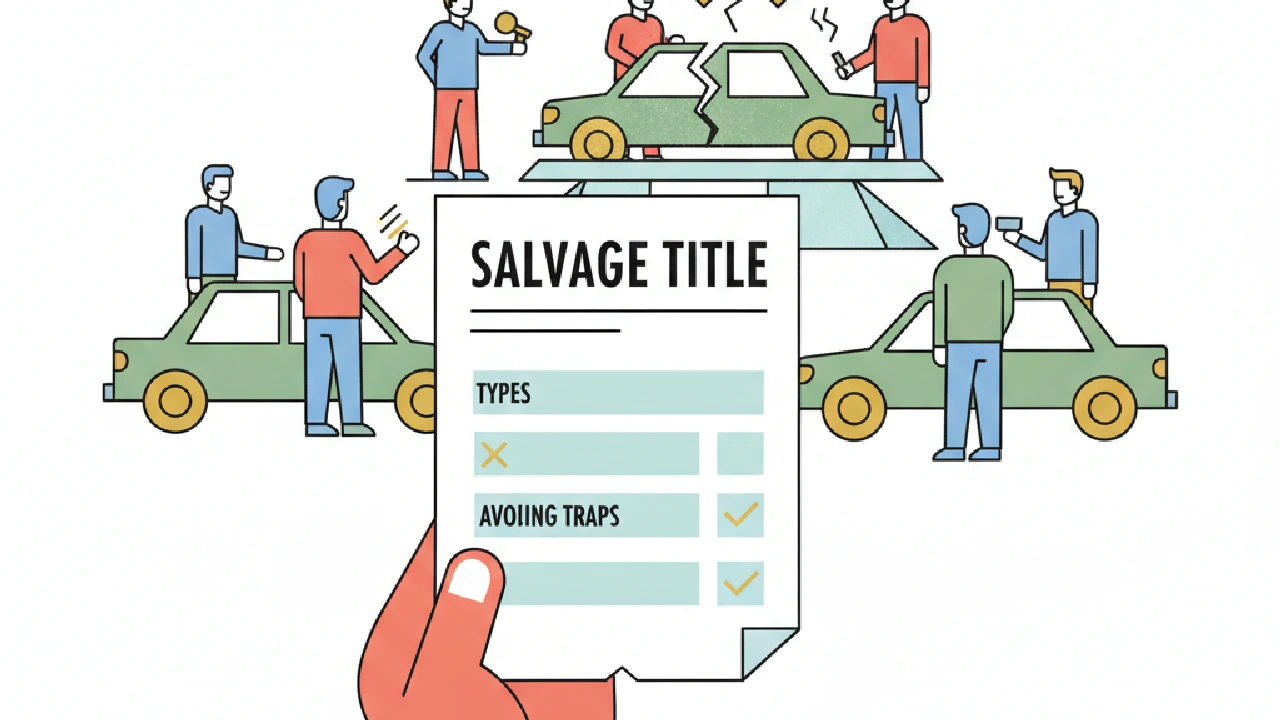 Flat vector illustration: Diverse auction attendees gaze at salvaged cars labeled with "Clean Title," "Junk," and "Parts Only