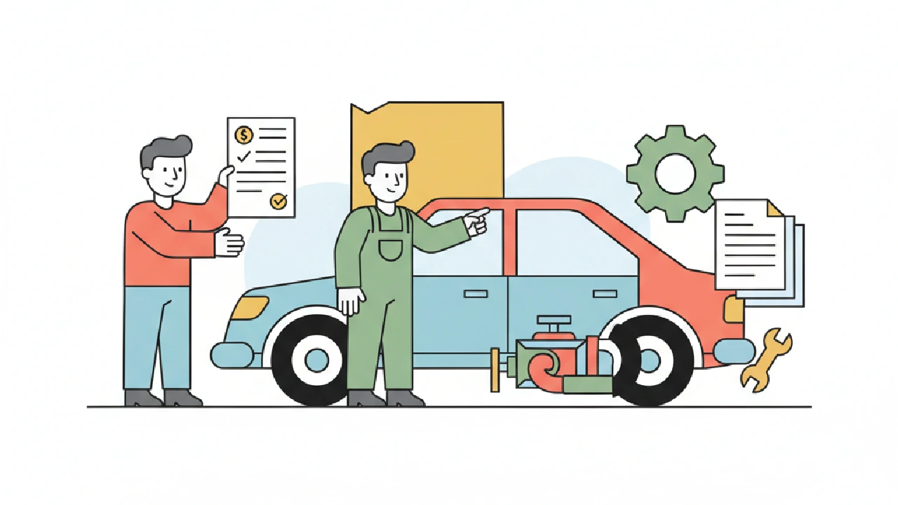 Flat illustration of a man holding title paperwork beside a mechanic and a partly rebuilt car