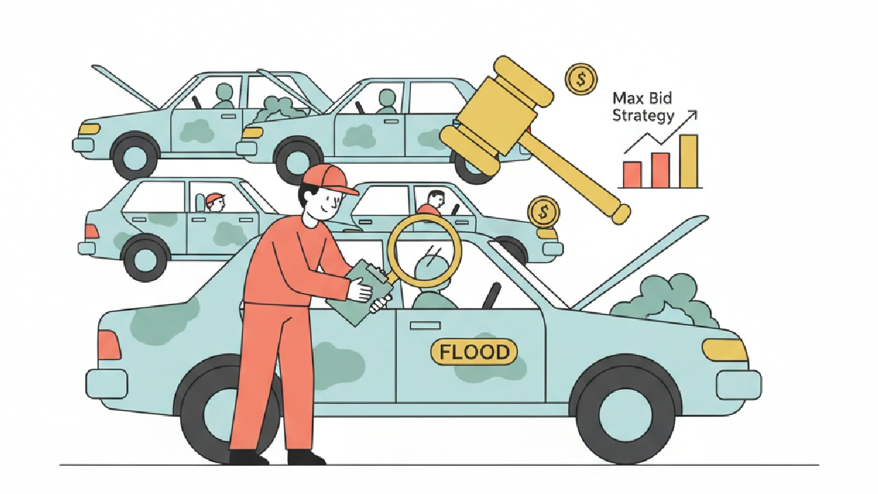 Flat vector illustration about Flood Title Resale Discount: Max Bid Strategy for Salvage for salvage auction flippers