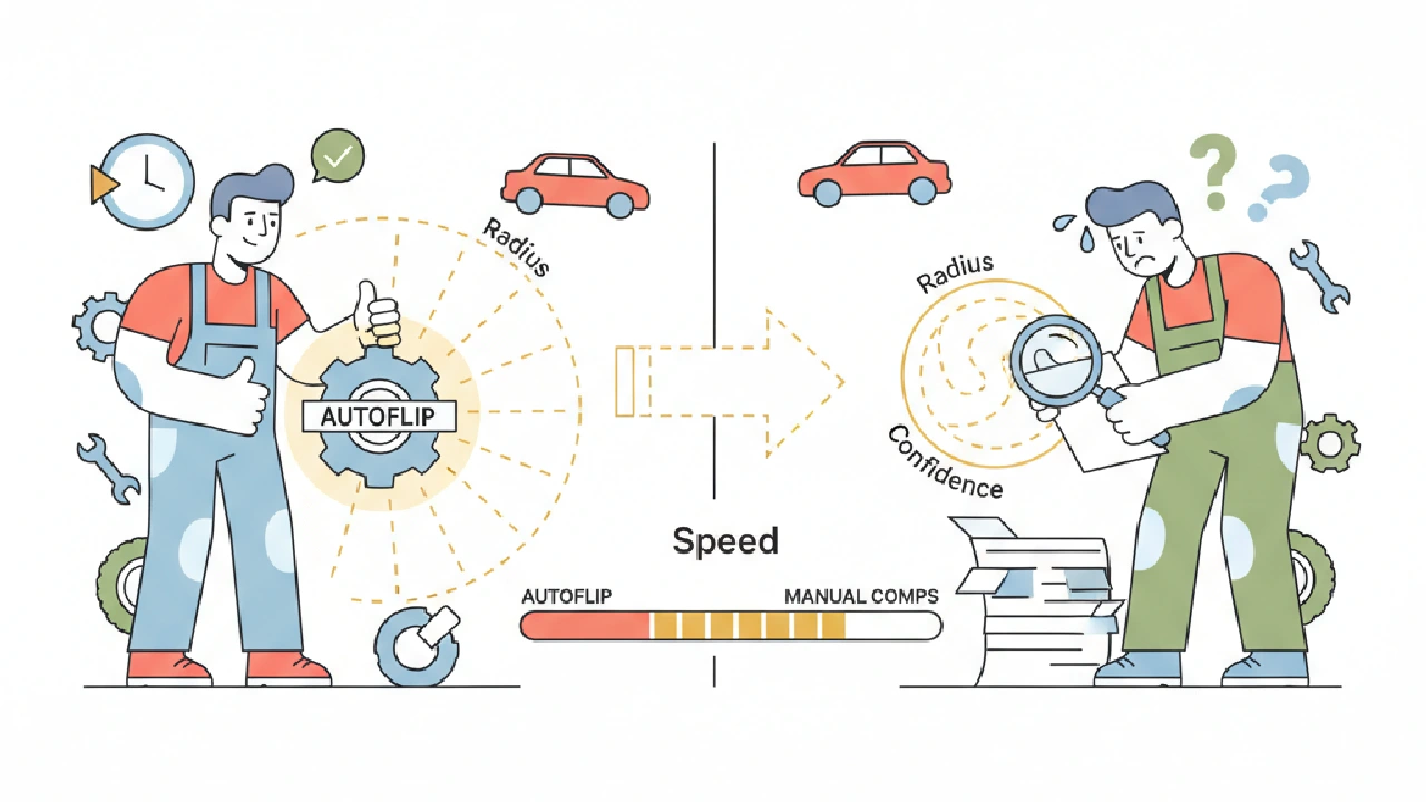 Vector illustration: A speed meter with text "AutoFlip" and a magnifying glass with "Manual Comps" above car parts.