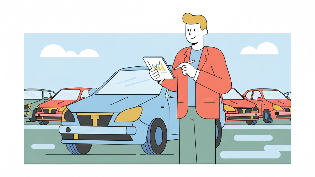 Two cars, one red and one blue, are shown on a flat vector blog cover. A magnifying glass is over the red car, a clipboard ov