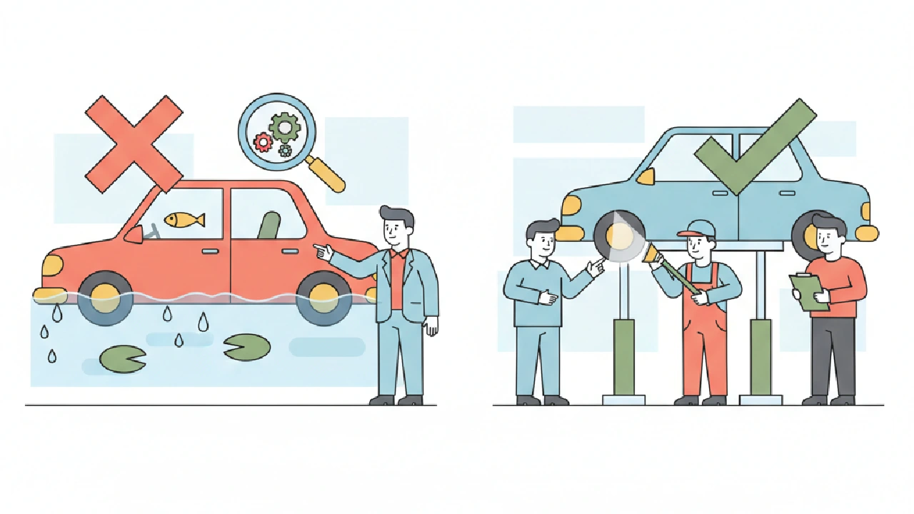 Flat vector illustration about How to Identify and Avoid Flood-Damaged Cars at Auction for salvage auction flippers