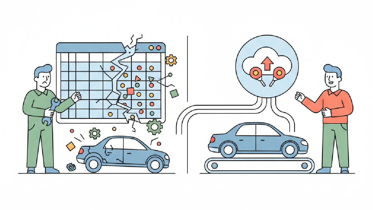 Flat vector illustration about Spreadsheet vs Auction Software: What Breaks First for salvage auction flippers