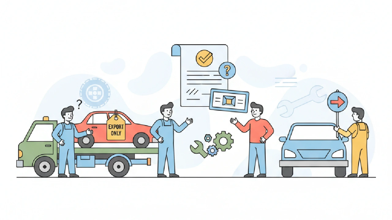Illustration of mechanics around a car tagged Export Only next to a title document