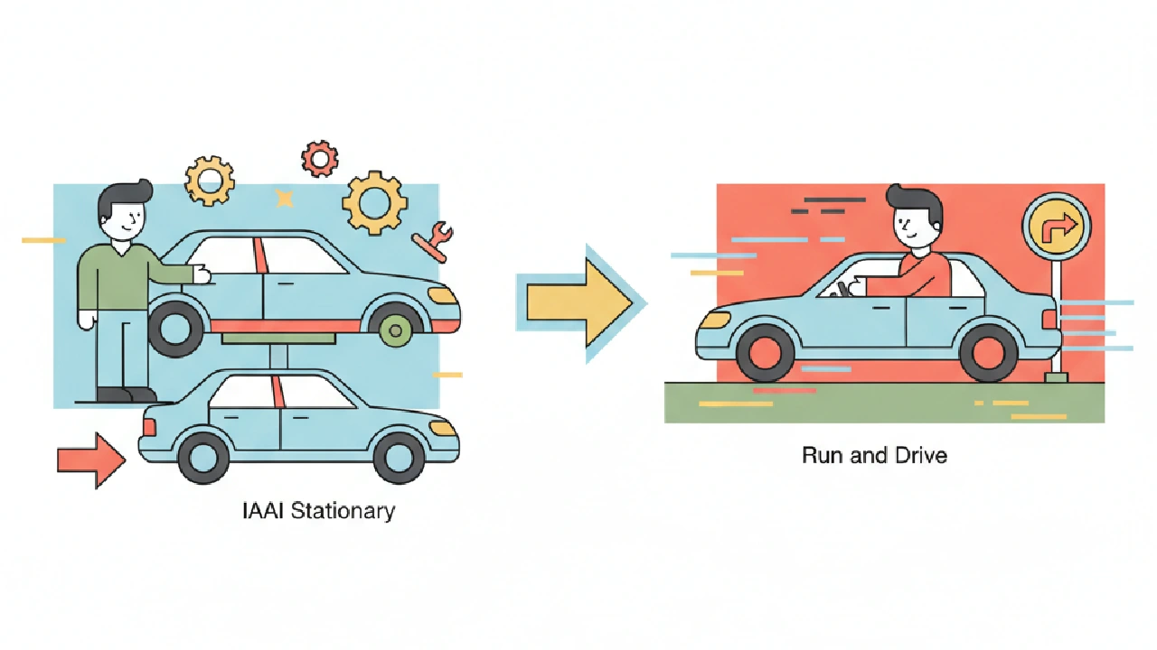 Flat illustration comparing a stationary car on a lift with a man driving a run and drive car