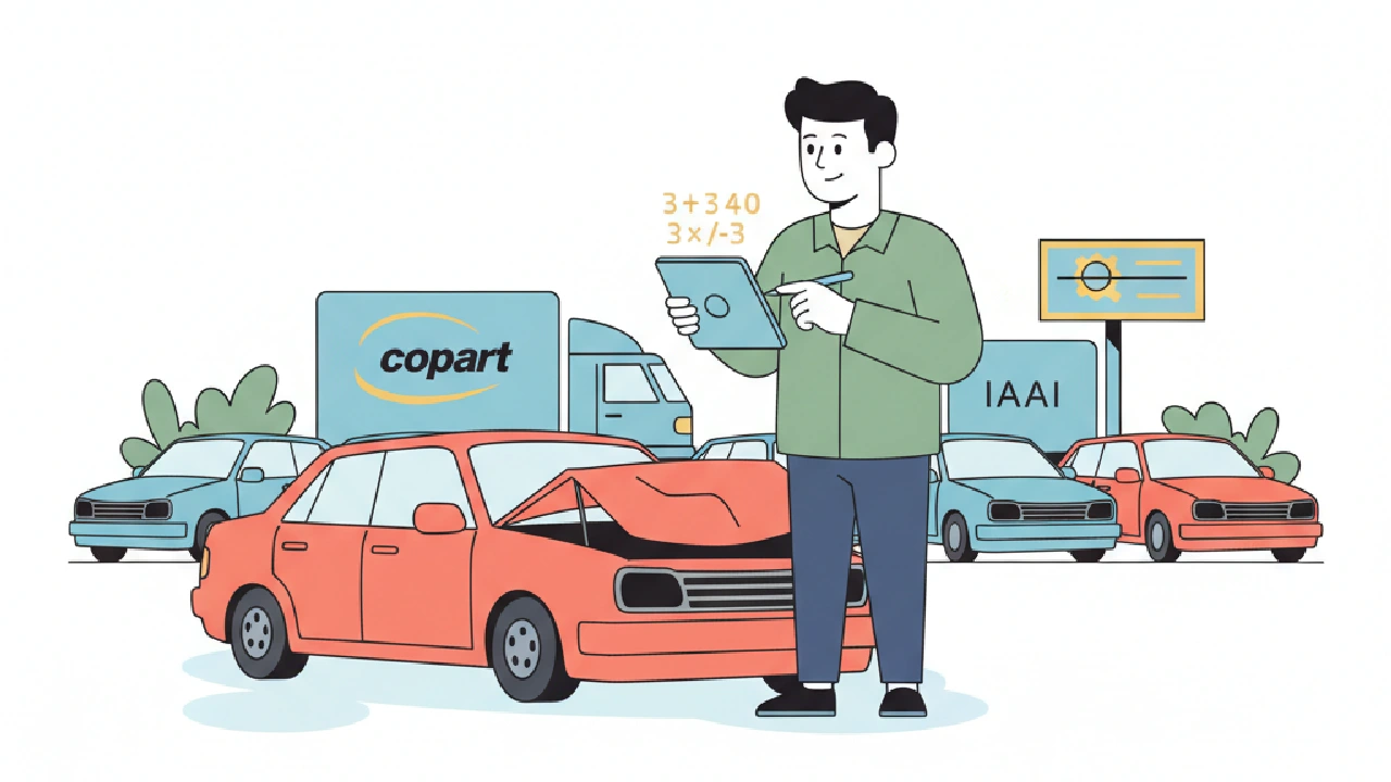 Cartoon mechanic calculates bids on a laptop, surrounded by salvaged cars in a junkyard.