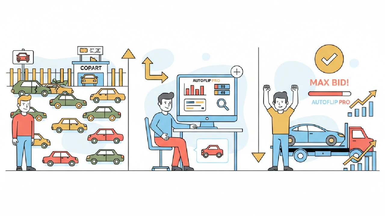Illustration of a buyer moving from a Copart lot to an AutoFlip Pro max bid analysis