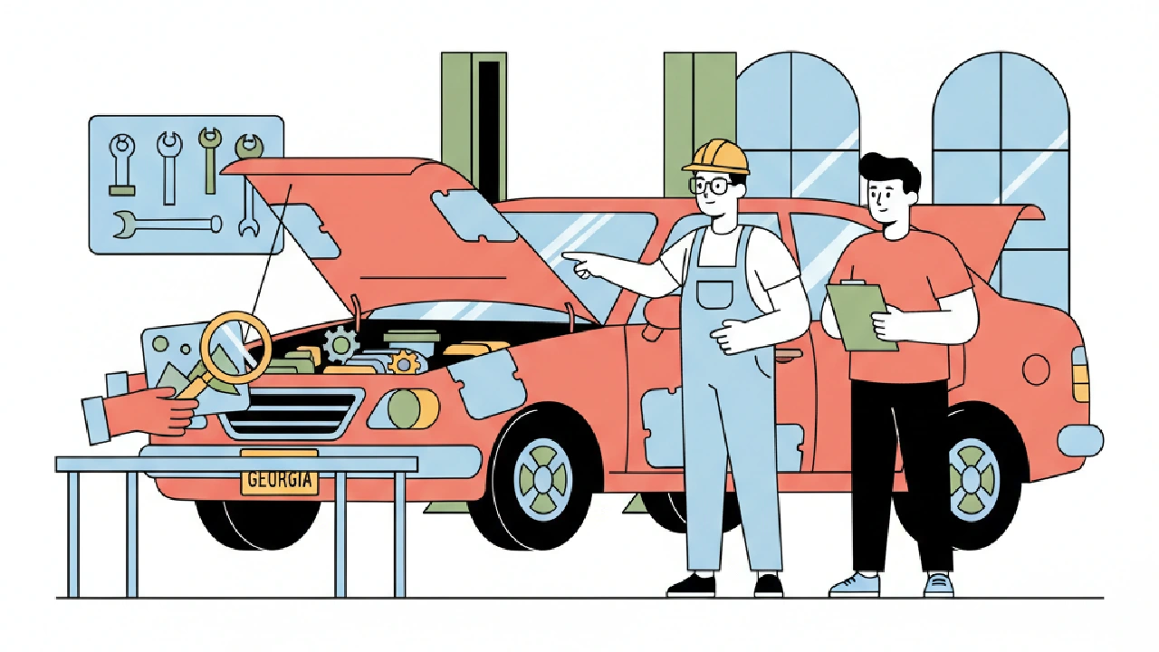Flat vector illustration about How to Pass Vehicle Inspection Rebuilt Title in Georgia for salvage auction flippers