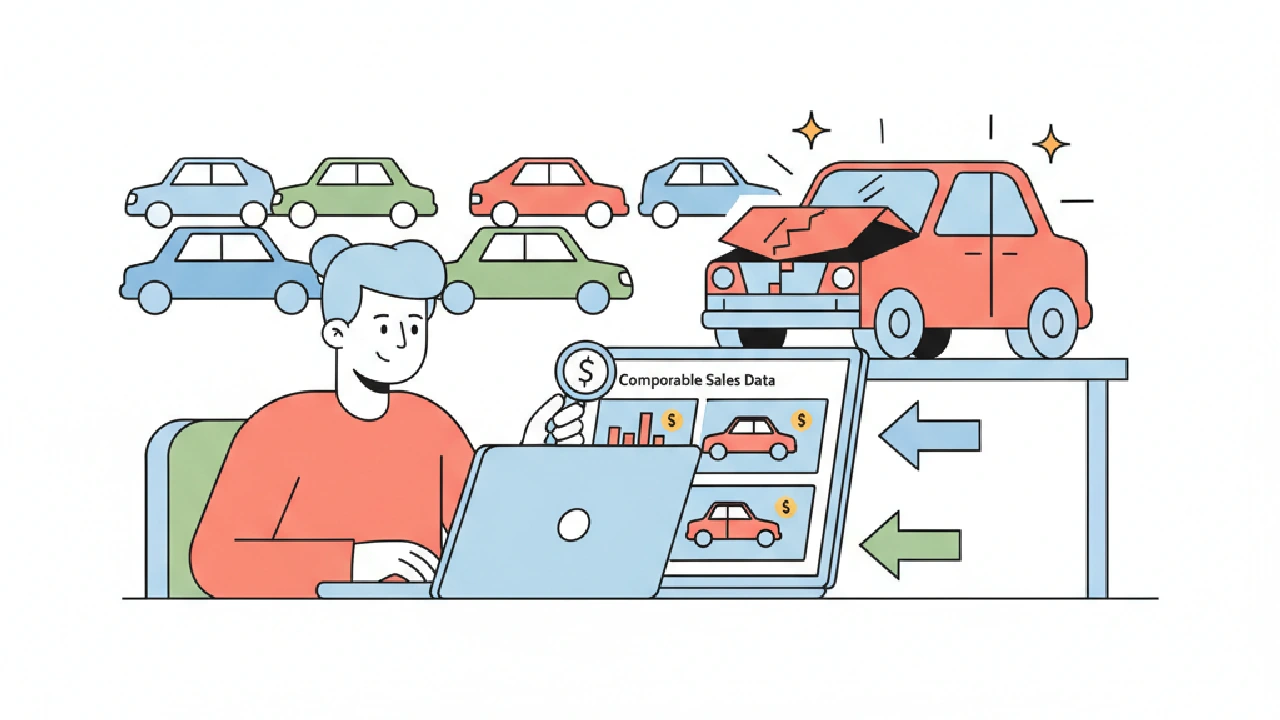 A flat vector illustration shows a mechanic examining a salvaged car, with graphs and charts floating around, representing co