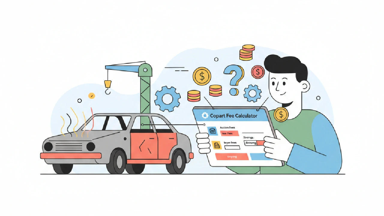 Flat vector illustration: a car on a hydraulic lift, surrounded by dollar signs and a calculator with a rising graph.