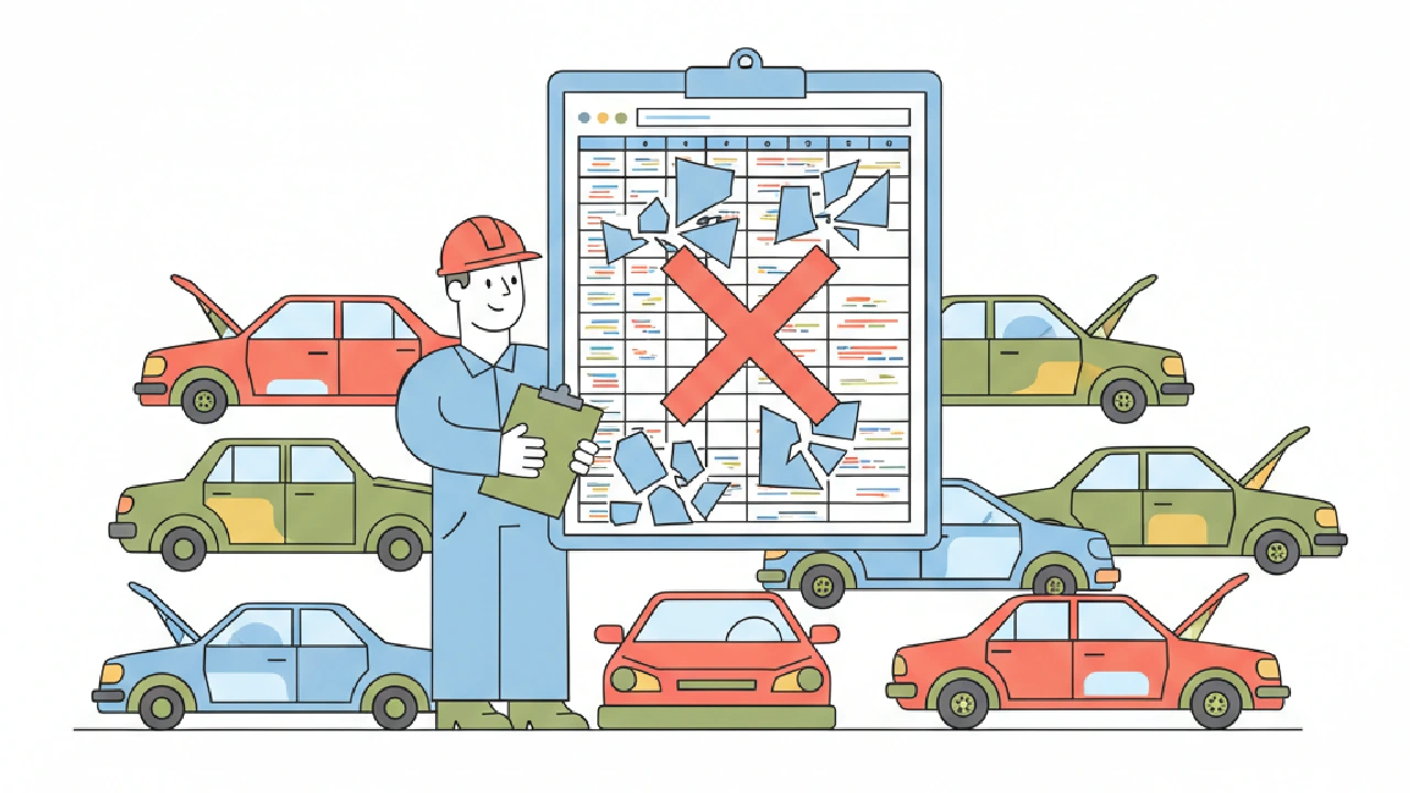 Flat vector illustration about salvage flip spreadsheet: why spreadsheets break after 10 active lots for salvage auction flip