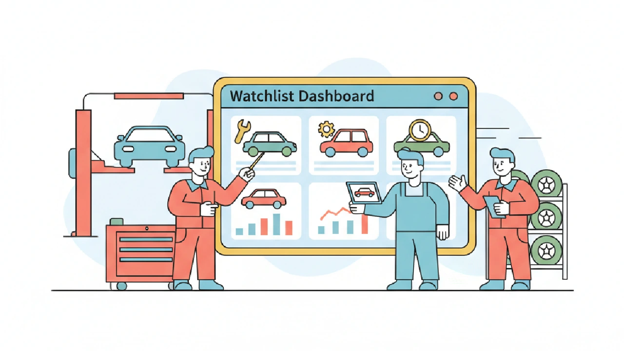 Dashboard with car icons, data charts, and wrench, symbolizing multi-car management for an auto body shop.