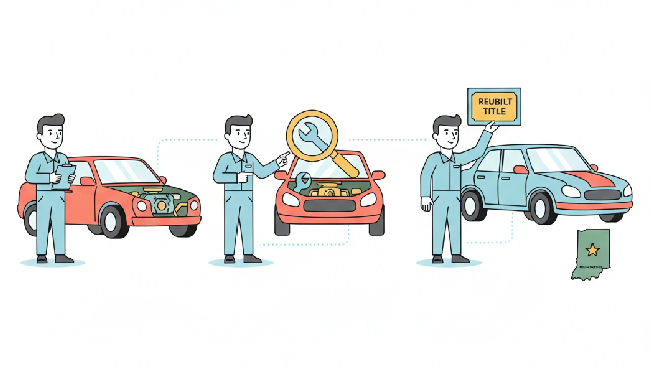 Flat vector illustration about How to Obtain Rebuilt Title Indiana Inspection for salvage auction flippers