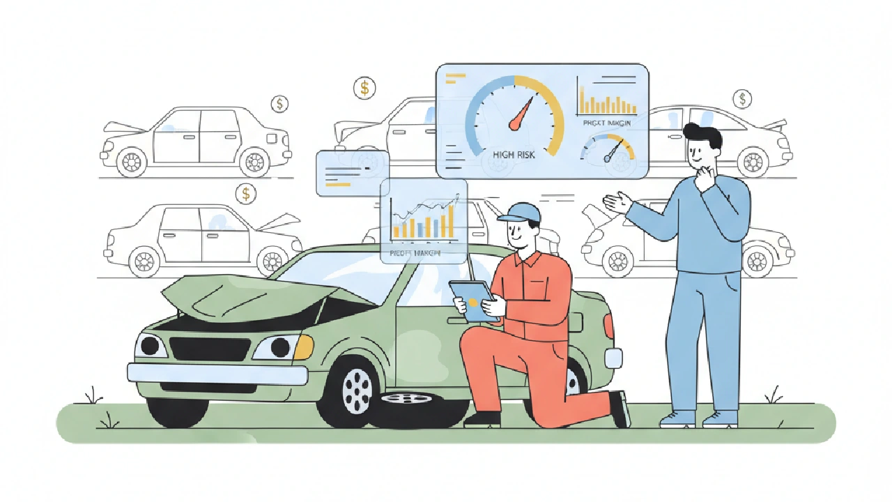 An auto body shop with a mechanic reviewing AutoFlip risk scores on a tablet, surrounded by damaged cars.