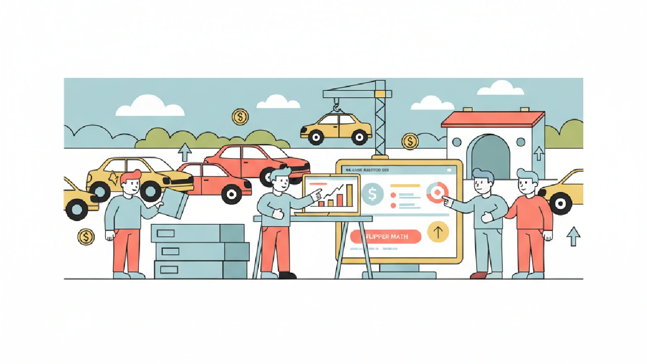 Flat vector illustration about salvage auction market 2026: What Changed for Flipper Math for salvage auction flippers