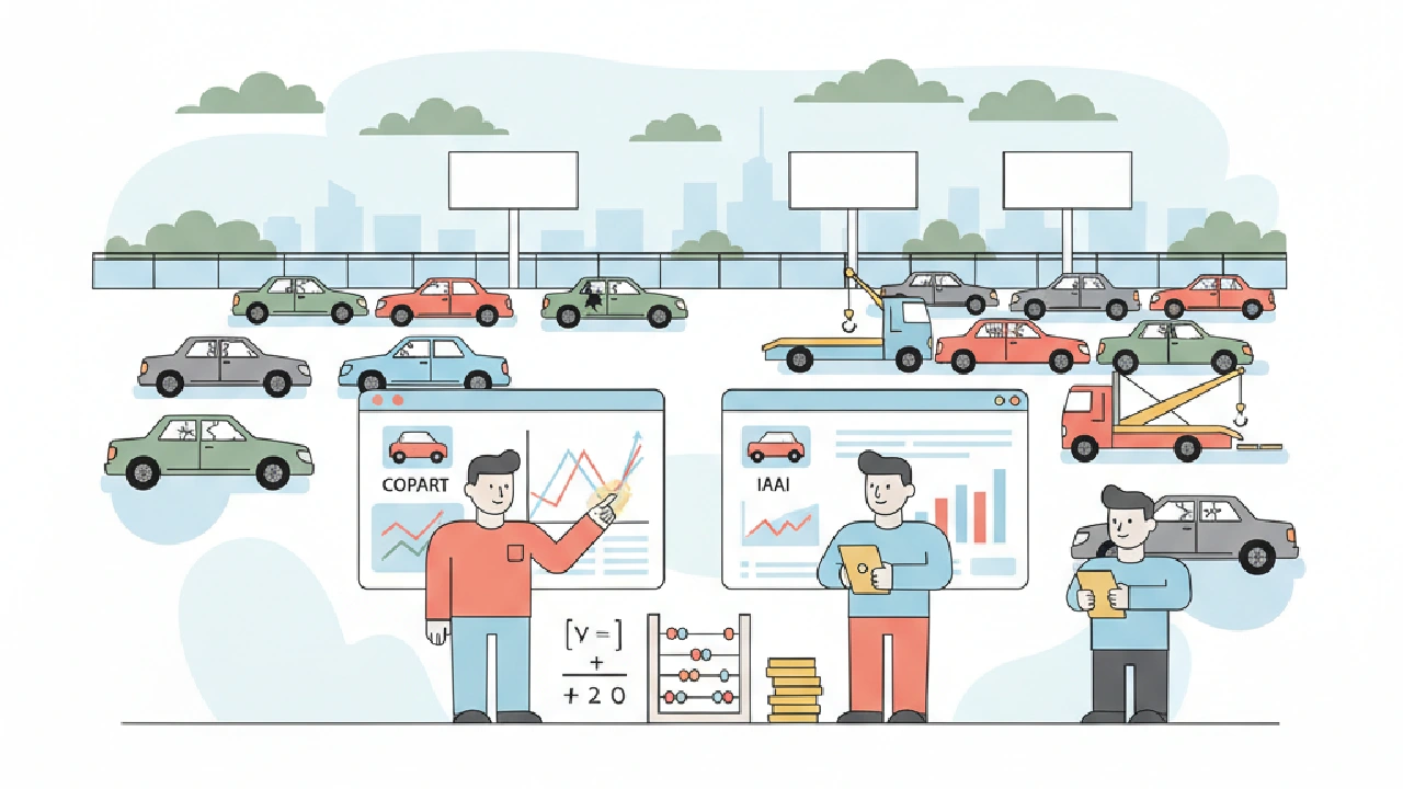 Flat vector illustration about Copart vs IAAI: First-Time Flipper Playbook & Bidding Math for salvage auction flippers