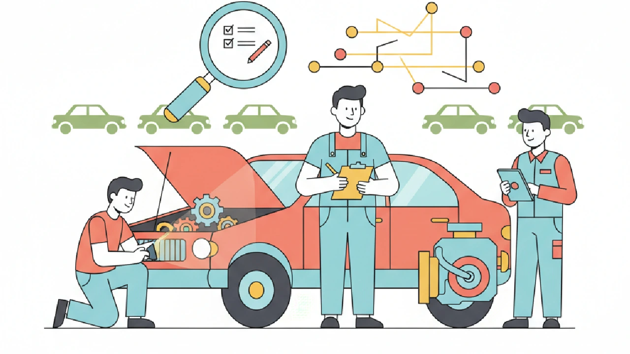 Flat vector illustration. A person wearing a mechanic's uniform inspects a damaged car in a salvage yard.