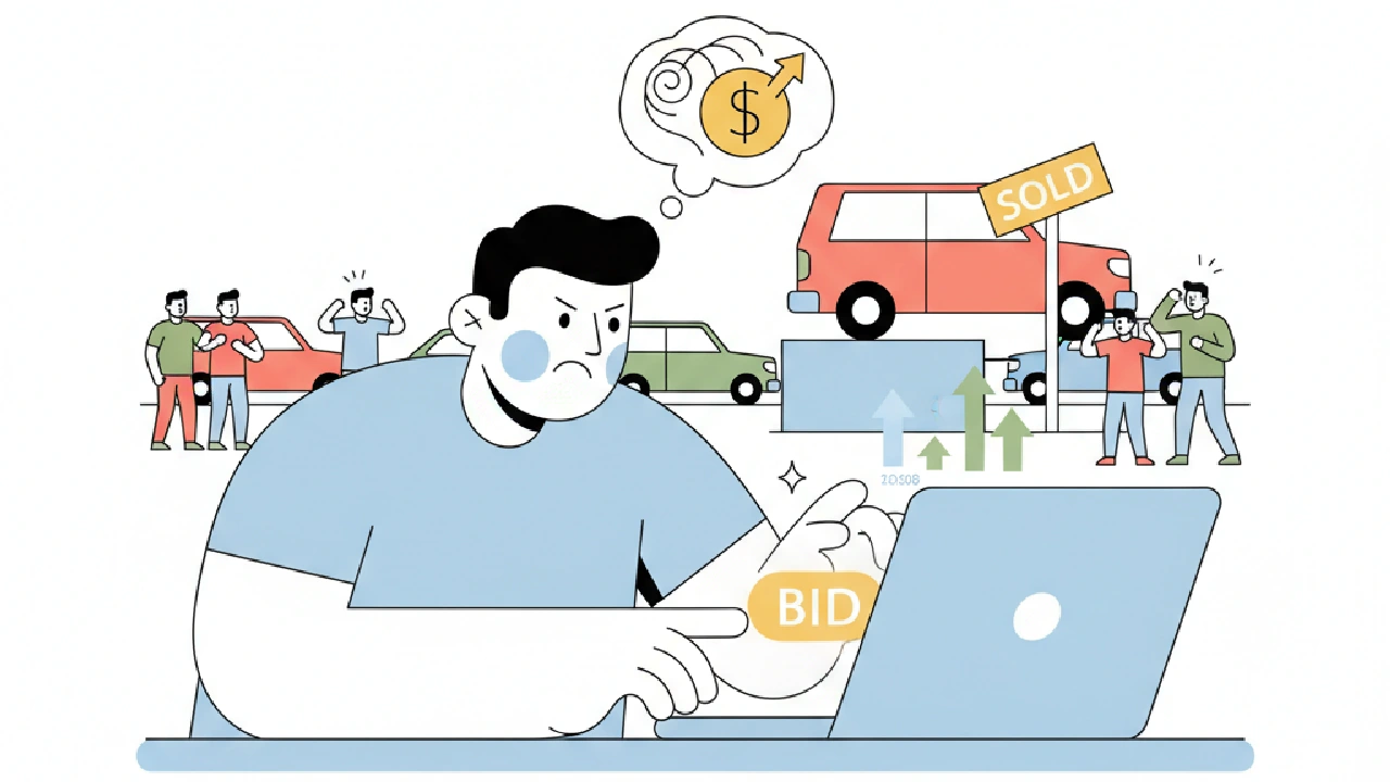 Vector of a car with a large red X over it and smaller cars in the background. Stop Overbidding: 7 Copart Bidding Mistakes.