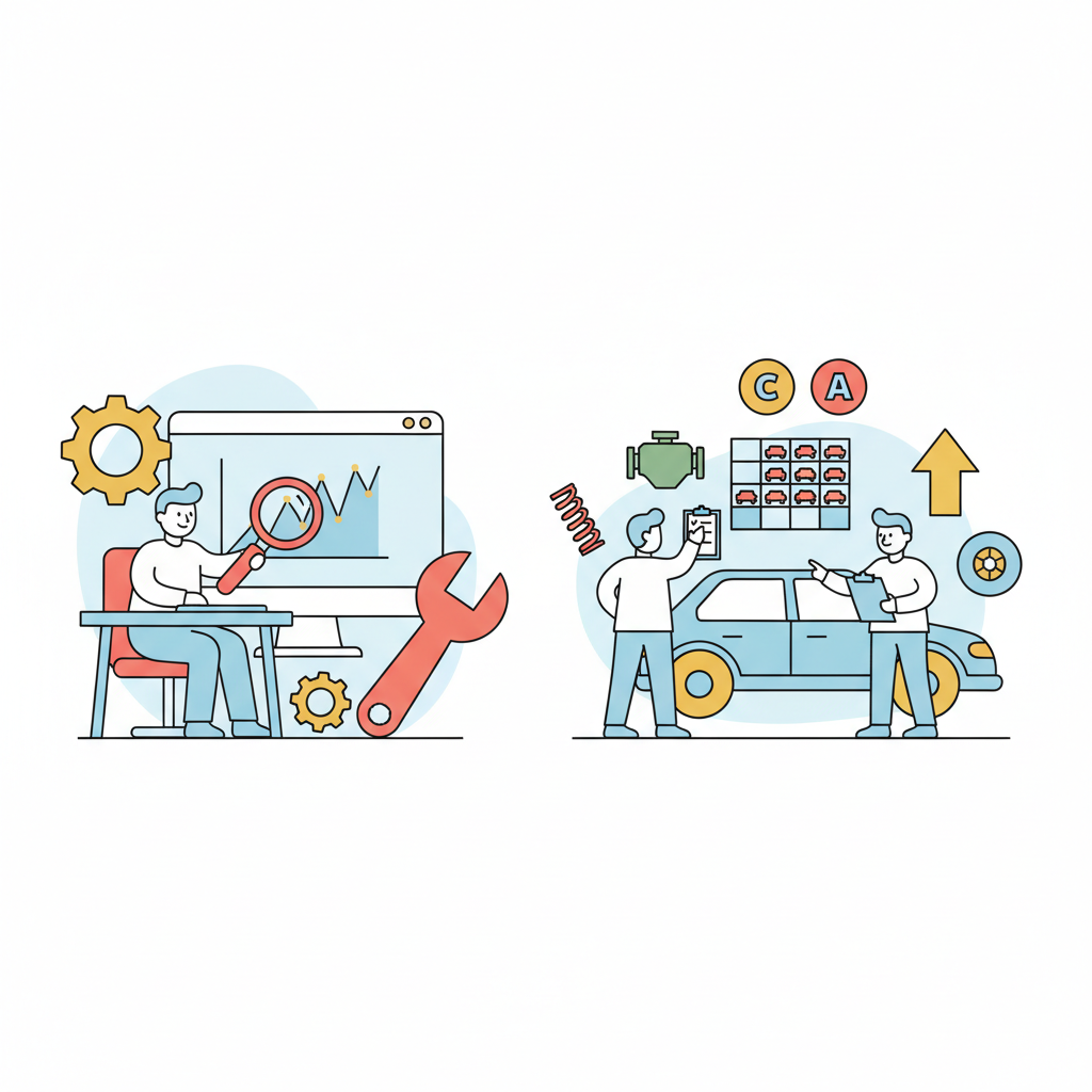 Vector illustration: Two business people analyze a car in a salvage lot, a laptop showing pie charts in the background.